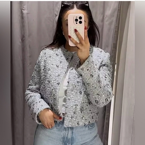 Zara tweed textured sequined blazer SILVER GRAY size S - Picture 4 of 16